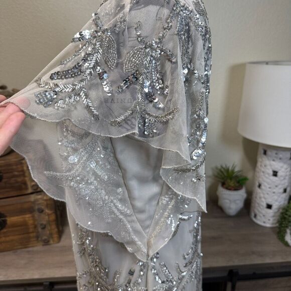 Johnny Was Silver Sequin Cocktail Mini Formal Dress Size 12 Flutter Sleeve Glitz - Picture 6 of 13